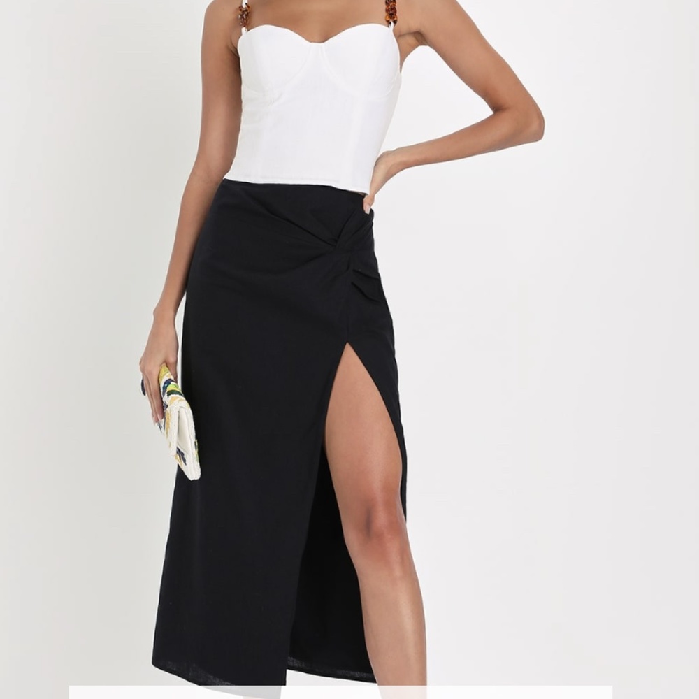 Black High-Rise Twist-Front Midi Skirt
